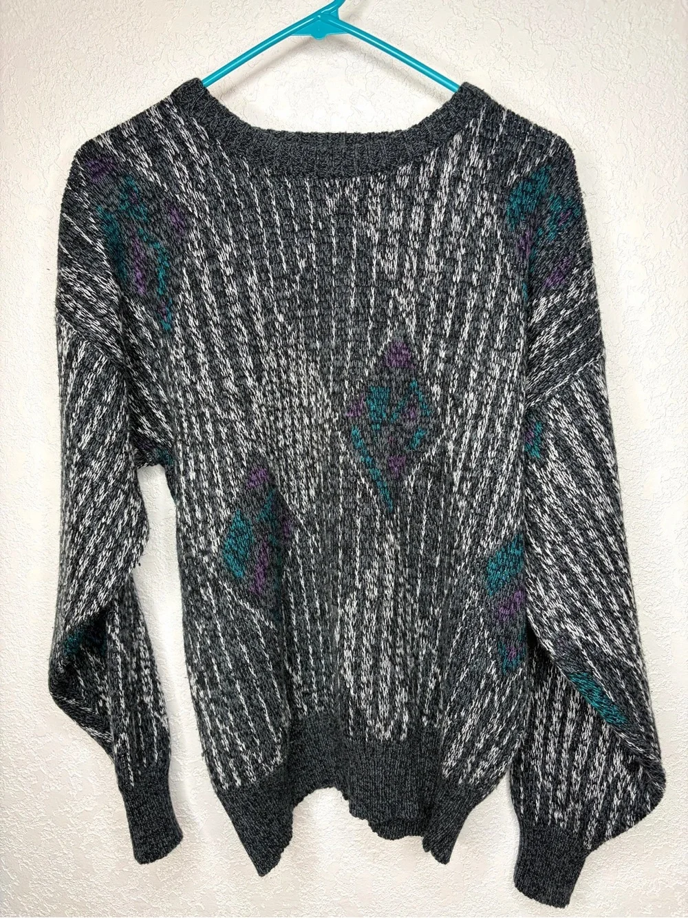 Vintage 90s Michael Gerald Sweater Gray Blue Geometric Knit Retro Dad Mens Large